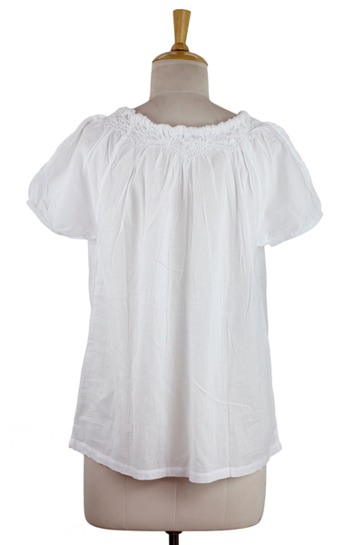 White Cotton Blouse with Lavish Hand Embroidery, 'Lily of the Valley'