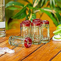 Tequila glasses, 'Ruby Shot' (set of 6) - Hand Blown Tequila Glasses Set of 6 Red Rim Mexico