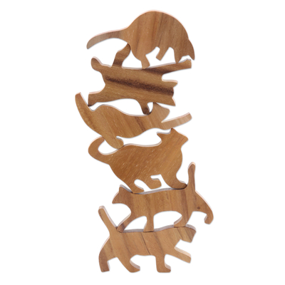 Teak Wood game, 'Ninja Cats' (6 pieces) - Hand Carved Teak Wood Cat-Themed Stacking Game (6 Pieces)