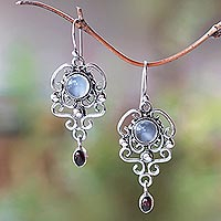 Moonstone and garnet dangle earrings, 'Spirit Chandelier' - Moonstone and garnet dangle earrings