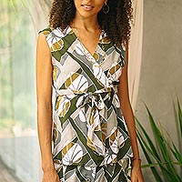 Rayon wrap blouse, 'Garden Party' - Handmade Leaf-Themed Rayon Wrap Blouse from Bali