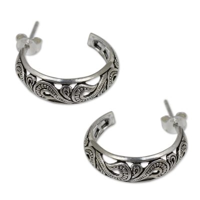 Sterling silver half hoop earrings, 'Moon in the Forest' - Handmade Sterling Silver Half Hoop Earrings