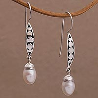 Cultured pearl dangle earrings, 'Paradise Blooms' - Balinese Artisan Crafted Sterling Silver and Pearl Earrings