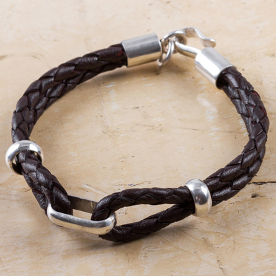 Men's sterling silver and leather bracelet, 'Naturally' - Handmade Men's Sterling Silver and Leather Bracelet