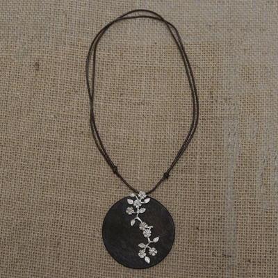 Wood pendant necklace, 'Pine Blossoms' - Brazilian Floral Wood and Leather Pendant Necklace