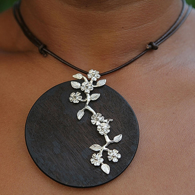 Wood pendant necklace, 'Pine Blossoms' - Brazilian Floral Wood and Leather Pendant Necklace