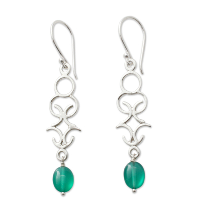 Onyx dangle earrings, 'Forest Trellis' - Polished Silver Dangle Earrings with Green Onyx Beads