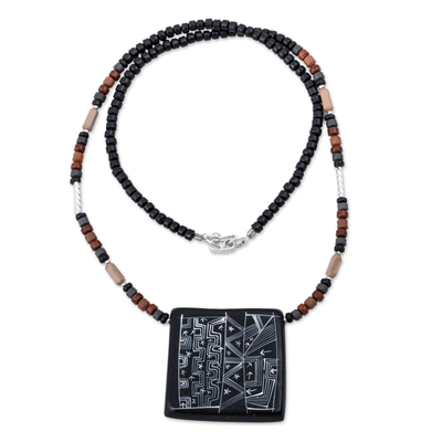 Ceramic pendant necklace, 'Night Sky' - Peruvian Ceramic Pendant Necklace with Silver Beads