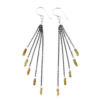 Tourmaline waterfall earrings, 'On the Fringe' - Yellow Tourmaline Waterfall Earrings with Silver Chains