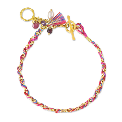 Gold plated multi-gemstone braided bracelet, 'Pink is for Unconditional Love' - Pearl Multi Gem Charms on Gold Plated Cotton Bracelet