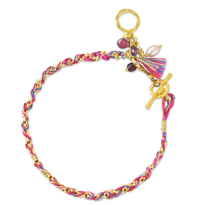 Gold plated multi-gemstone braided bracelet, 'Pink is for Unconditional Love' - Pearl Multi Gem Charms on Gold Plated Cotton Bracelet