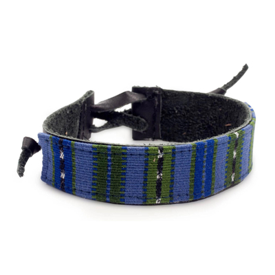 Men's leather and cotton wristband bracelet, 'Under the Mayan Sky' - Men's Leather Cotton Wristband Bracelet