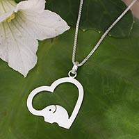 Sterling silver heart necklace, 'Heartfelt Elephant' - Thai Elephant Jewelry Necklace in Sterling Silver