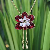 Natural orchid lariat necklace, 'Scarlet Dancer' - Gold Plated Natural Orchid Necklace from Thailand
