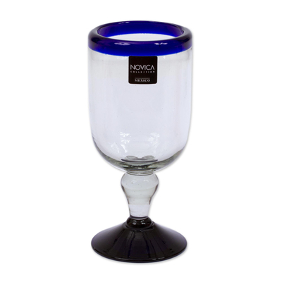 Wine glasses, 'Cobalt Joy' (set of 6) - Handblown Blue Rim Wine Glasses from Mexico (Set of 6)