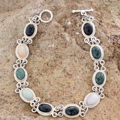 Jade and yellow quartz link bracelet, 'Jocotenango Rainbow' - Handcrafted Sterling Silver Link Jade Bracelet
