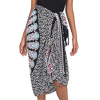Rayon sarong, 'Bright Night' - Deer and Elephant Floral Pattern Sequined Rayon Sarong
