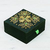Beaded Jewellery box, 'Forest Glamour' - Floral Beaded Jewellery Box in Forest Green from India