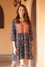 Printed cotton babydoll dress, 'Floral Surprise' - Screen Printed Floral Cotton Babydoll Short Dress from India