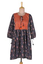 Printed cotton babydoll dress, 'Floral Surprise' - Screen Printed Floral Cotton Babydoll Short Dress from India