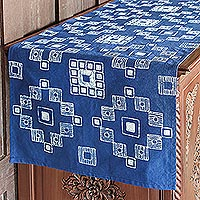 Cotton batik table runner, 'Embroidery Inspiration' - White and Dark Blue Geometric Cotton Batik Table Runner