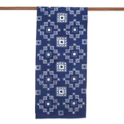 Camino de mesa batik de algodón - Camino de mesa batik de algodón geométrico blanco y azul oscuro