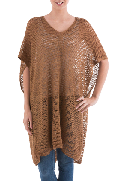 Knit tunic, 'Copper Dreamcatcher' - Knit Copper Tunic with V Neck and Short Sleeves
