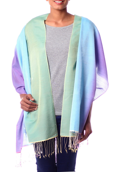 Silk and wool shawl, 'Aqua Rose' - Artisan Crafted Silk Wool Blend Shawl Patterned Wrap