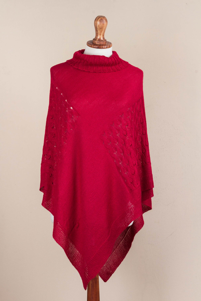 Knit poncho, 'Red Reality Squared' - Red Poncho with Turtleneck from Peru