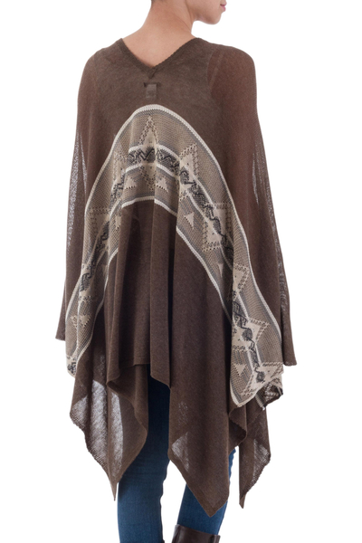 Poncho de mezcla de algodón - Poncho tejido marrón oscuro con raya de Perú