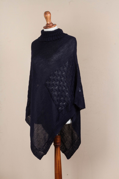 Knit poncho, 'Navy Reality Squared' - Navy Blue Poncho with Turtleneck from Peru