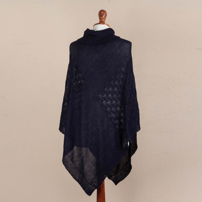 Knit poncho, 'Navy Reality Squared' - Navy Blue Poncho with Turtleneck from Peru