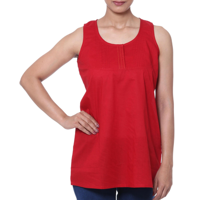 Cotton blouse, 'Crimson Charm' - Artisan Crafted Cotton Blouse in Crimson from India