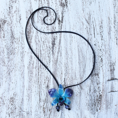 Natural orchid and sodalite long necklace, 'Midnight Blue' - Natural Flower Lariat Necklace