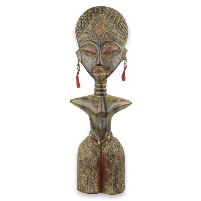 Wood sculpture, 'Detugbi' - Ewe Tribe Woman African Wood Sculpture with Aluminum