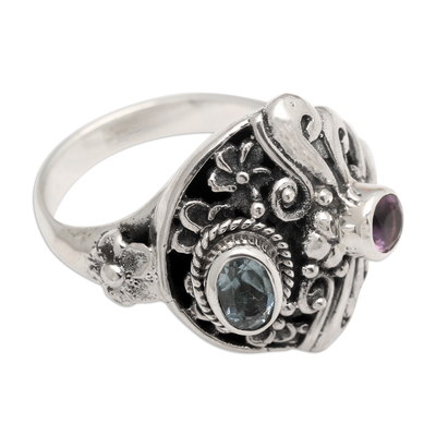 Blue topaz and amethyst cocktail ring, 'Seminyak Dragonfly' - Amethyst & Blue Topaz Sterling Silver Dragonfly Floral Ring