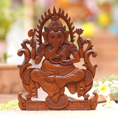 Wood wall panel, 'Serene Ganesha' - Hinduism Wood Relief Panel