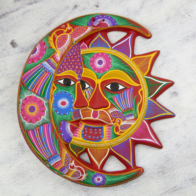 Ceramic wall adornment, 'Blossoming Eclipse' - Handmade Sun and Moon Ceramic Wall Art