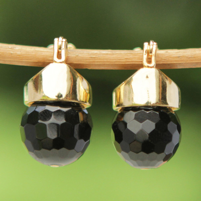 Gold plated onyx drop earrings, 'Black Acorn' - Brazilian Black Onyx Drop Earrings Bathed in 18k Gold