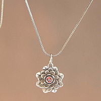 Garnet necklace, 'Sacred Red Lotus'