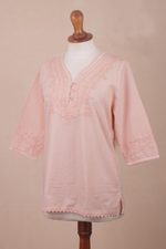 Cotton tunic, 'Sunset in Lima' - Pale Melon Orange Embroidered Cotton Tunic Top from Peru