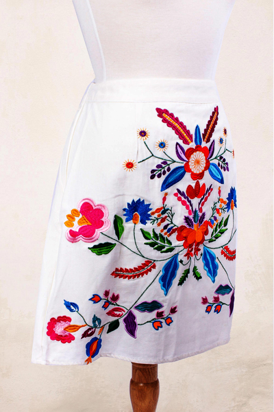 Cotton skirt, 'Radiant Bright Bouquet' - Colorful Hand Embroidered White Cotton A-Line Skirt