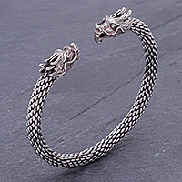Sterling silver cuff bracelet, 'Double Dragons' - Dragon Themed Unisex Sterling Silver Cuff Bracelet