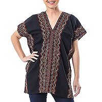 Cotton blouse, 'Karen Style in Onyx' - Wavy Embroidered Cotton Blouse in Onyx from Thailand