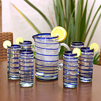 Highball glasses, 'Cobalt Spiral' (set of 6) - Hand Made Handblown Glass Six Drinking Glasses