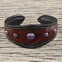 Amethyst cuff bracelet, 'The Power' - Amethyst and Leather Cuff Bracelet from Thailand