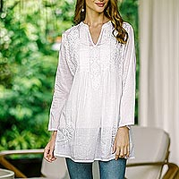 Embroidered cotton long tunic, 'White Blooms' - Long Sleeve Floral White Blouse Hand Embroidered in India