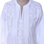Embroidered cotton long tunic, 'White Blooms' - Long Sleeve Floral White Blouse Hand Embroidered in India