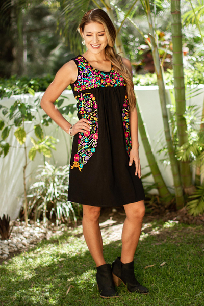 Cotton dress, 'Midnight Oaxaca Blossoms' - Colorful Hand Embroidered Black Cotton Oaxaca Style Dress