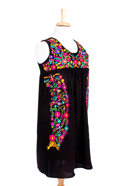 Cotton dress, 'Midnight Oaxaca Blossoms' - Colorful Hand Embroidered Black Cotton Oaxaca Style Dress